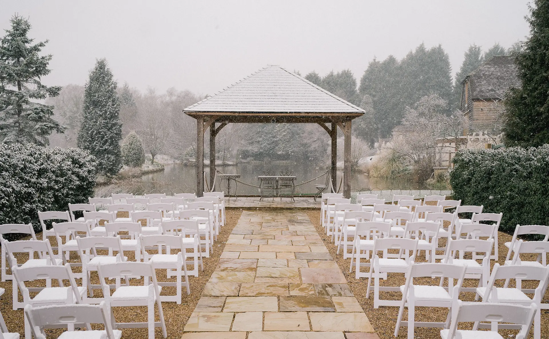 Brookfield Barn outdoor ceremony setup in snow