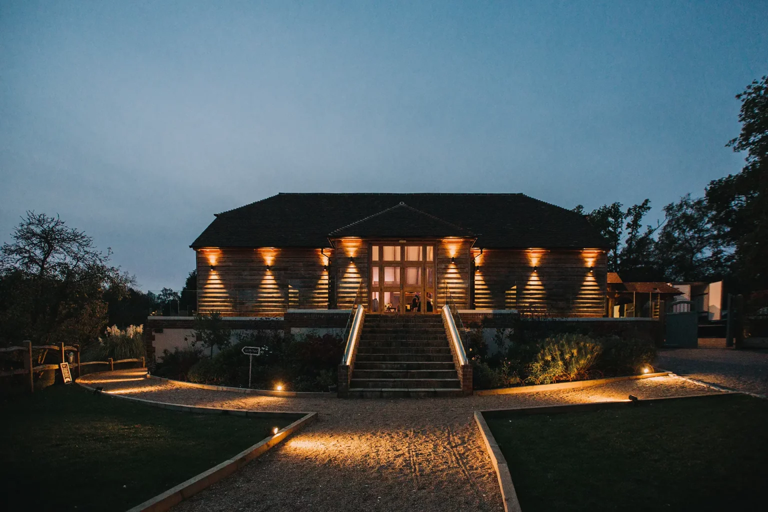 Brookfield Barn wedding venue at dusk