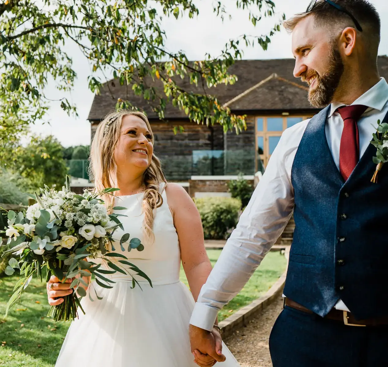 brookfield-barn-wedding couple just married gardens