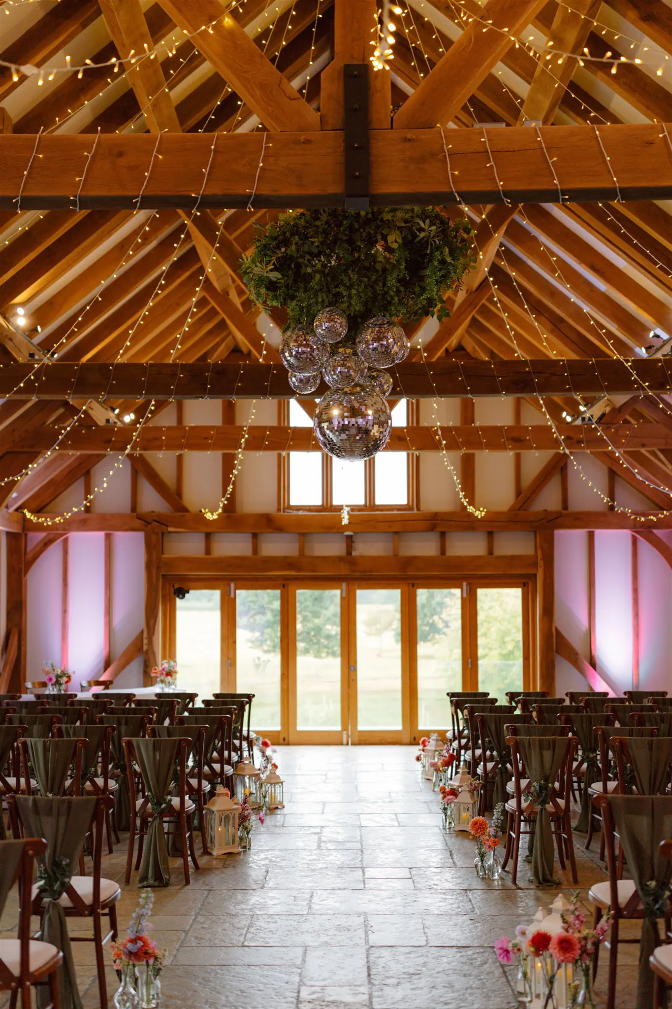 Brookfield Barn disco ball wedding ceremony decor