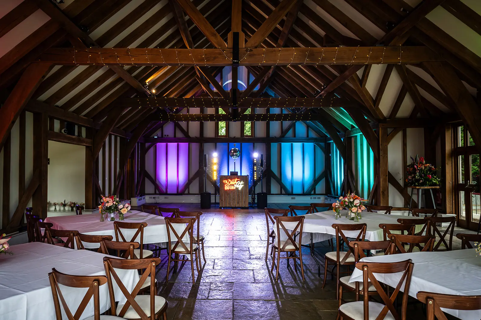 Brookfield Barn wedding reception evening setup